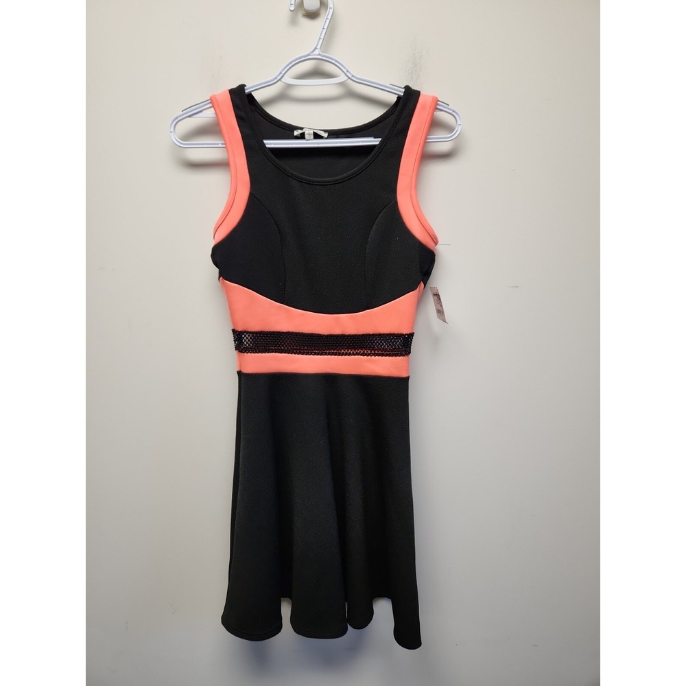 Charlotte Russe Womens Black Neon Coral Mesh Cutout Skater Dress DC31652A Small